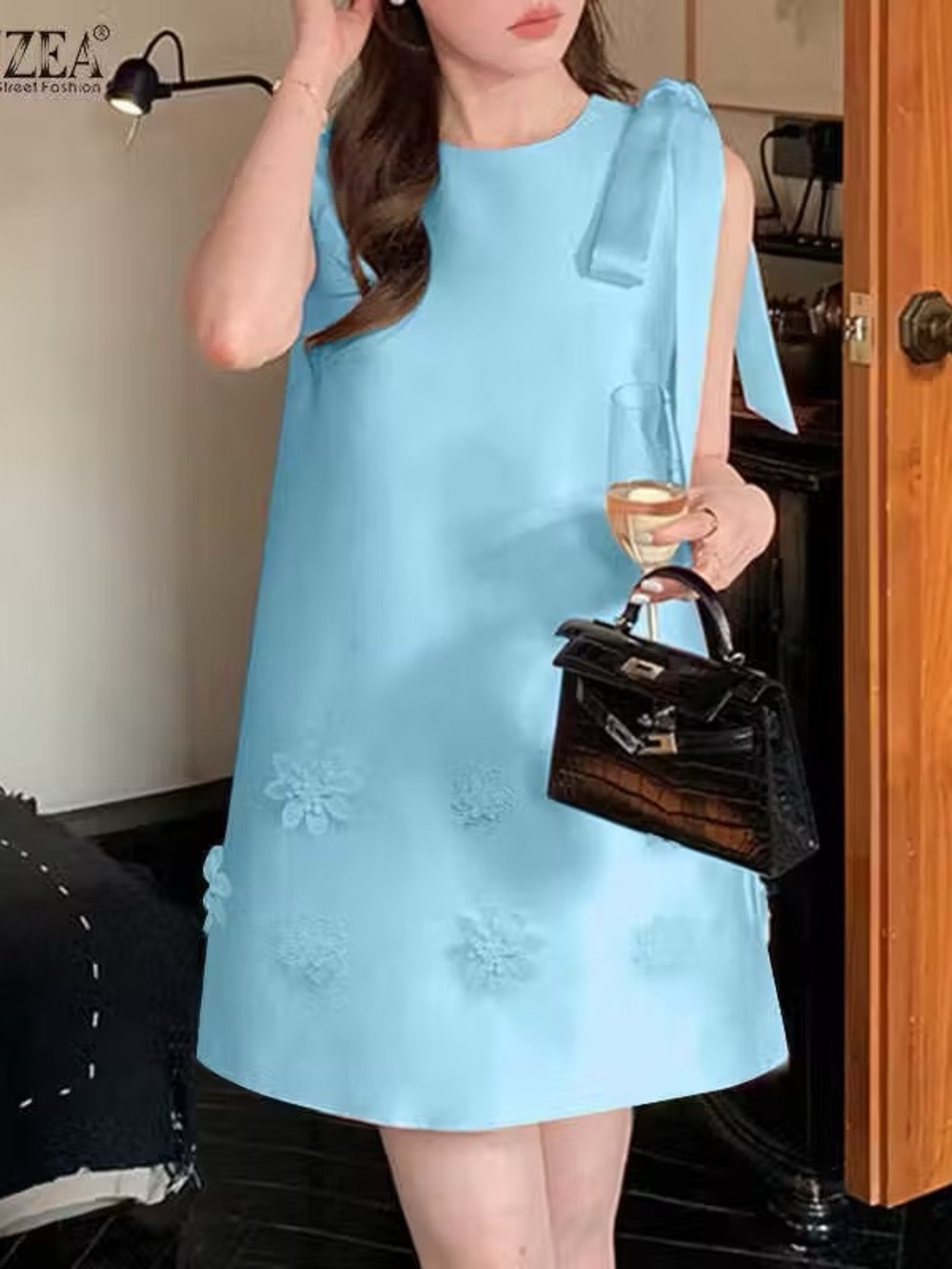 Zanzea Light Blue Sleeveless Tie-Shoulder Mini Dress
